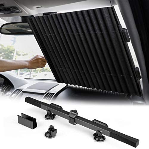 59x 25.5 Inch WochiTV Windshield Retractable Sunshade Blocks 99% UV Rays Heat Insulation to Keeps Your Vehicle Cool Foldable Front Window Visor Protector for Car Truck SUV with Vacuum Suction Cup