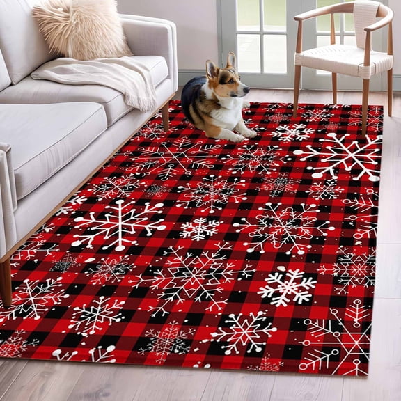Hallway Runner Rugs 2.7x5 Ft, Red Snowflake Christmas Non Slip Area Rugs for Kitchen Bedroom Entryway, Black Plaid Xmas Winter Abstract Art Washable Carpet Runner Rug Floor Mats for Bedroom