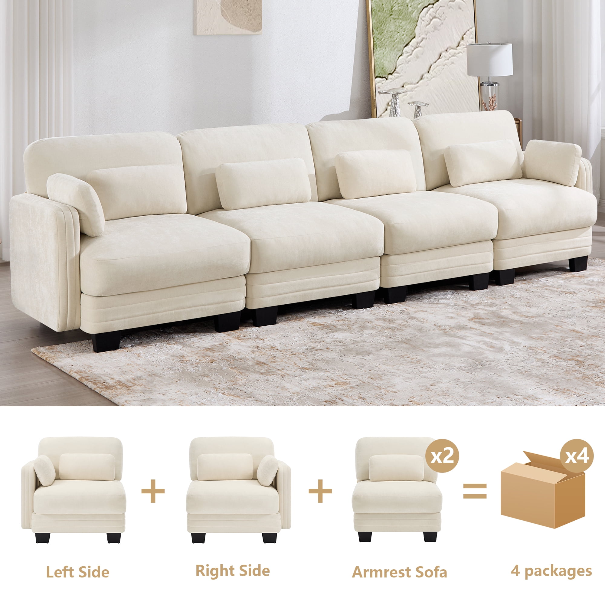 130" Tufted Modern Modular Sectional 4 Seater Sofa Couch with 6 Pillows