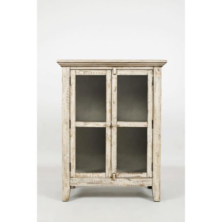 Distressed Wooden Accent Cabinet With 2 Glass Doors Off White