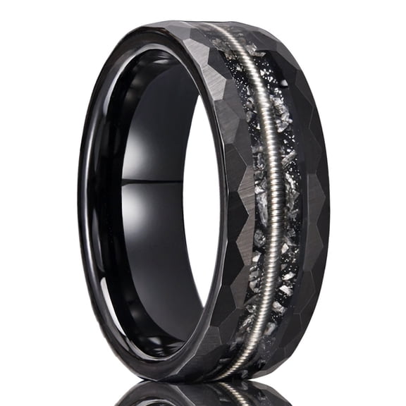 8mm Wide Black Tungsten Steel Guitar String Natural Stone Ring