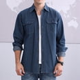 thumbnail image 2 of Rigardu shirts for men Men Long Sleeve Autumn Winter Casual Denim Shirts Fashion Top Blouse Shirts mens shirts Dark blue + L, 2 of 7