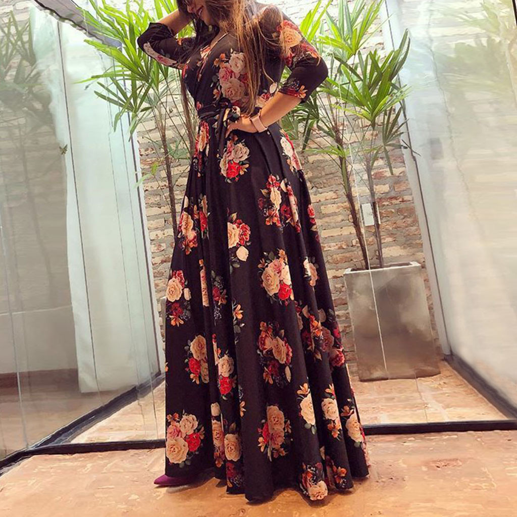 Fashion Women Three Quarter Sleeve Printed V-Neck Swing Beach Long Maxi  Dress Note Please Buy One Or Two Sizes Larger - Walmart.com