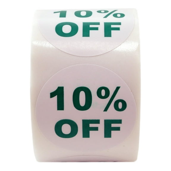 10%-Off Sale Stickers, 1.5 Inch Round, Green/White, 500 Labels Per Roll, 1 Roll