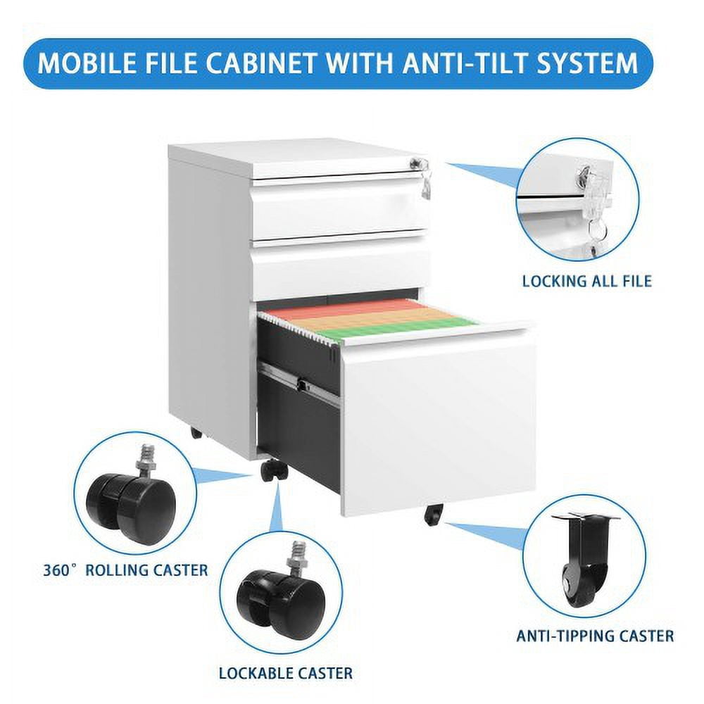 Fully Assembled File Cabinet, 3-Drawer Mobile Filing Cabinet with Lock, Metal Office Organizer Rolling Cart, White