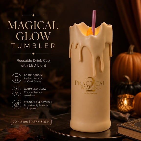 ZHIYA Practical Magic 2 Flicker Flame Candle Tumbler with Straw, Dripping Candle Style Novelty Drink Cup with Faux Flame Detail, Beverage Tumbler for Halloween Gift,1 Pc