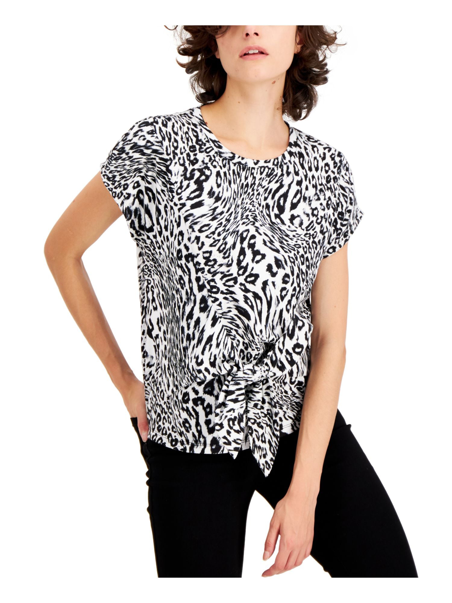SENSERISE Womens Leopard Print T Shirt Short Sleeve Tunic Color Block Tie Knot Tops