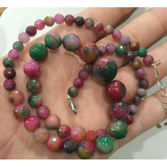 EOEMY Faceted 6-14mm Multicolor Jade Round Gems Beads Necklace 18" ##Hl726