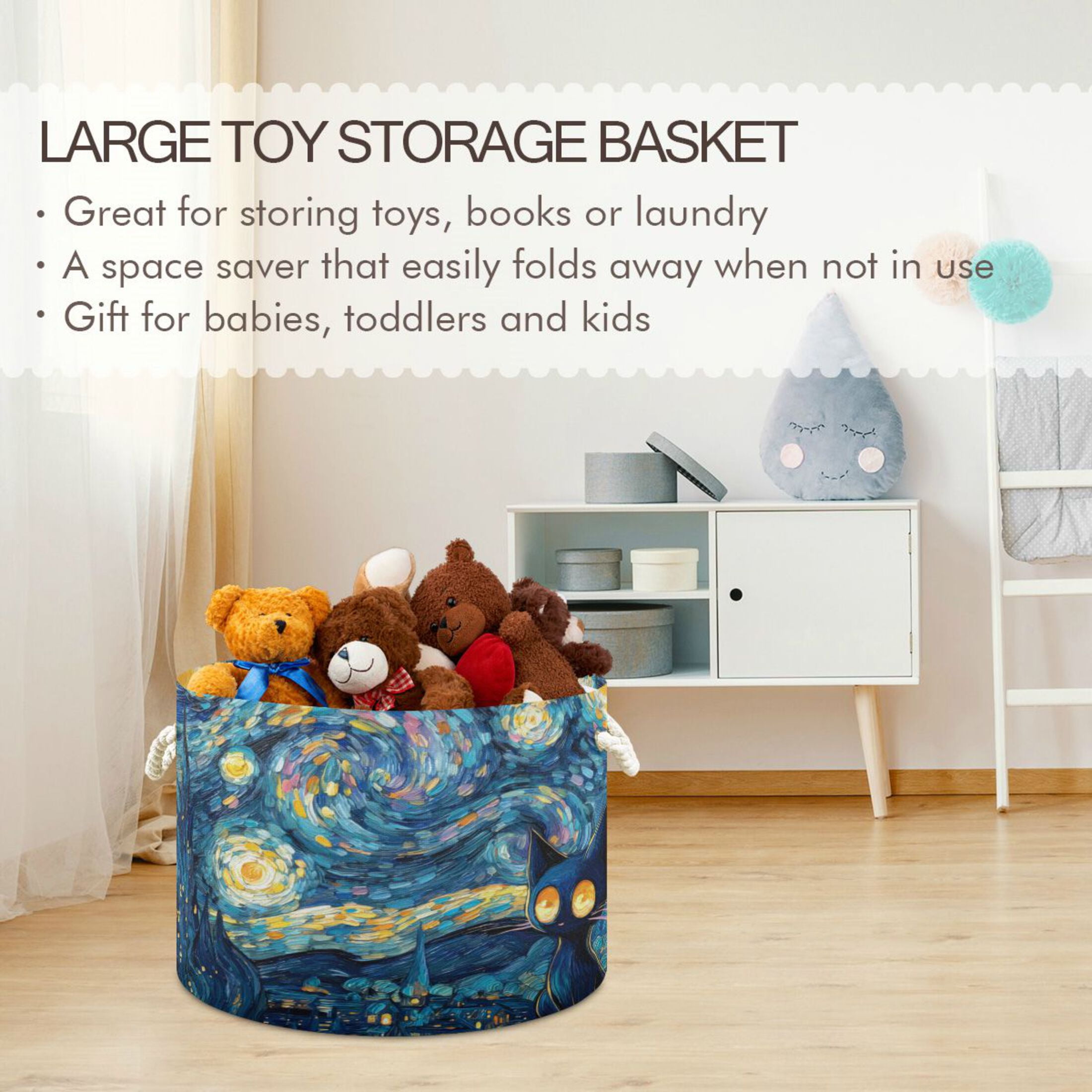 Round Toy Storage Basket Foldable Storage Basket for Home Decor Laundry Basket20" x 14" Mysterious Black Cat