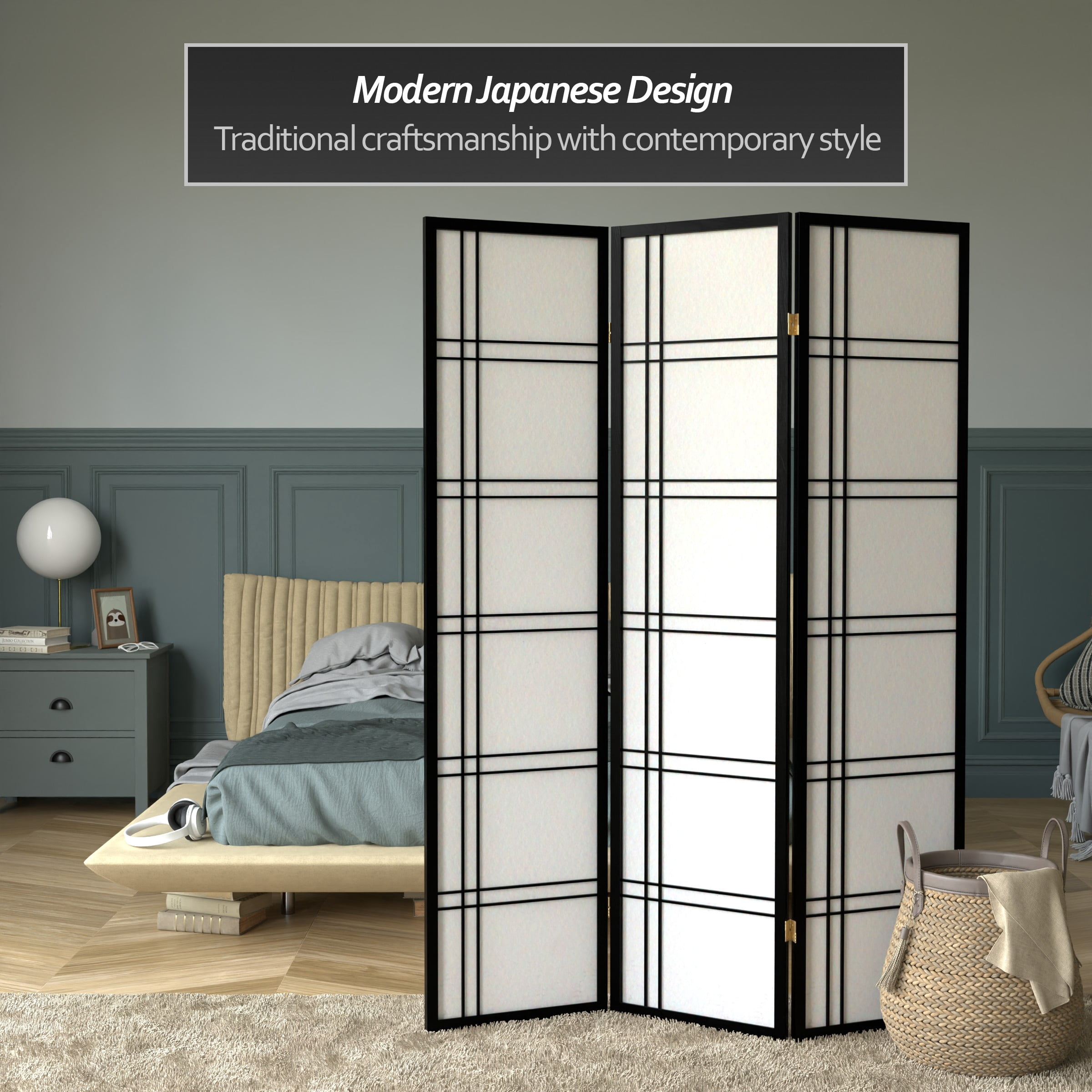 6 ft. Tall Three-Panel Shoji Screen Room Divider in Black with Double Cross Frame