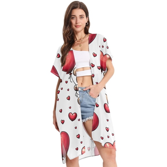 Beach Vacation Clothes Kimono Cardigan Loose Swimsuit Cover Up for Women Teddy Bear with Heart Balloon S
