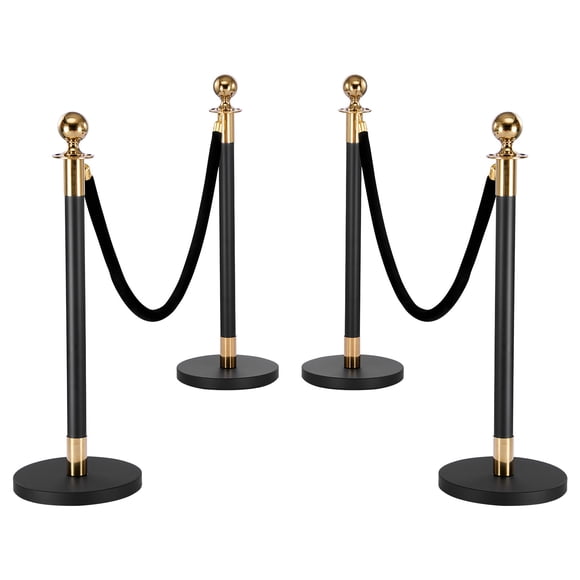 KFFKFF Stanchion Post, 4 Pcs Crowd Control Barrier Set with 2 Black Velvet Ropes, Heavy Duty Stainless Steel Stanchion Post Queue with Hollow Base for Theater(Black)