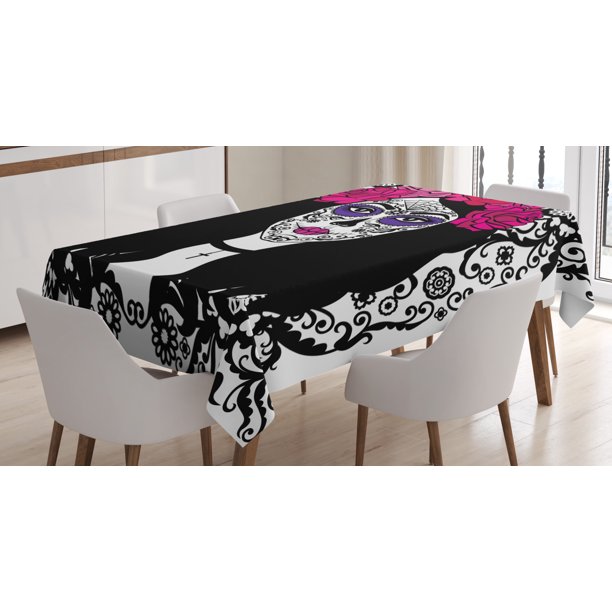 Sugar Skull Decor Tablecloth, Girl with Sugar Skull Make Up Dia De Los Muertos Traditional Art ...