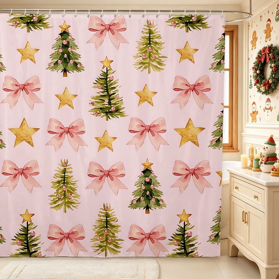 Erosebridal Pastel Christmas Shower Curtain 72Wx72L,Holiday Tree Bathroom Curtain,Pink
