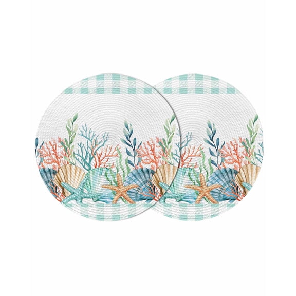 Nautical Coastal Round 13 Inch Placemats Set of 2, Summer Sea Corals Shells Starfish Green Plaid HeatResistant Non Slip Place Mats for Dining Table, Wipeable Kitchen Table Mats for Housewarming