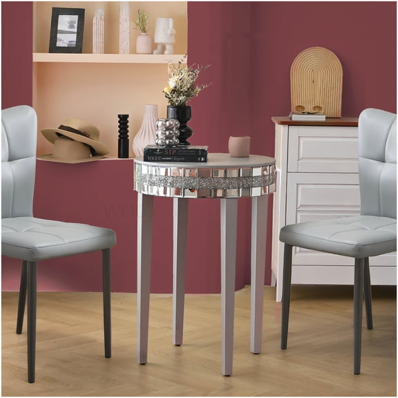 Modern Round Mirror Top Pedestal Table, Silver Compact Accent Table for Small Spaces with Tempered Glass