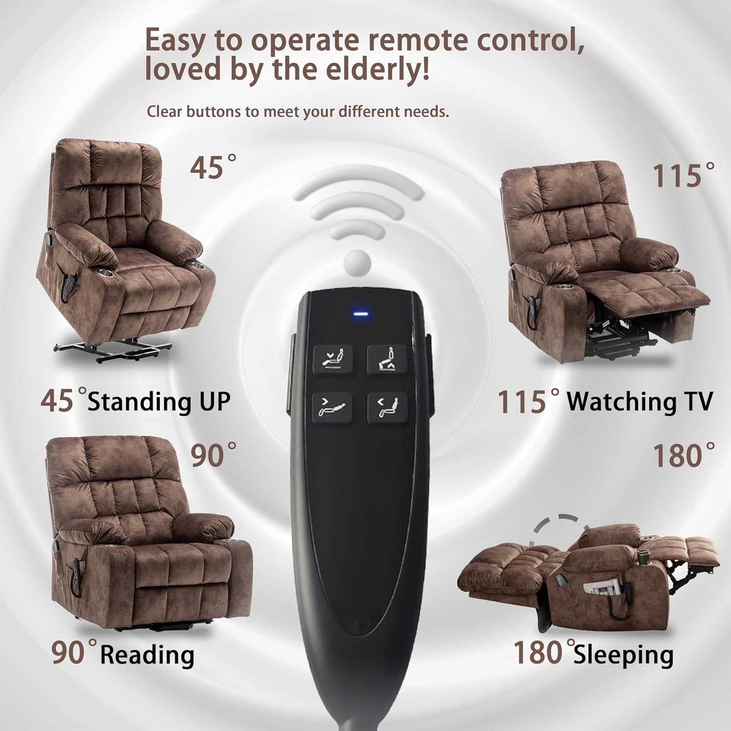 REHOUSING Adult Velvet Massaging and Heat Recliners with Cup Holders and Side Pockets, Brown