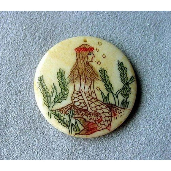 Lovely 30x3mm Scrimshawed Mermaid Centerpiece Bead 4116x