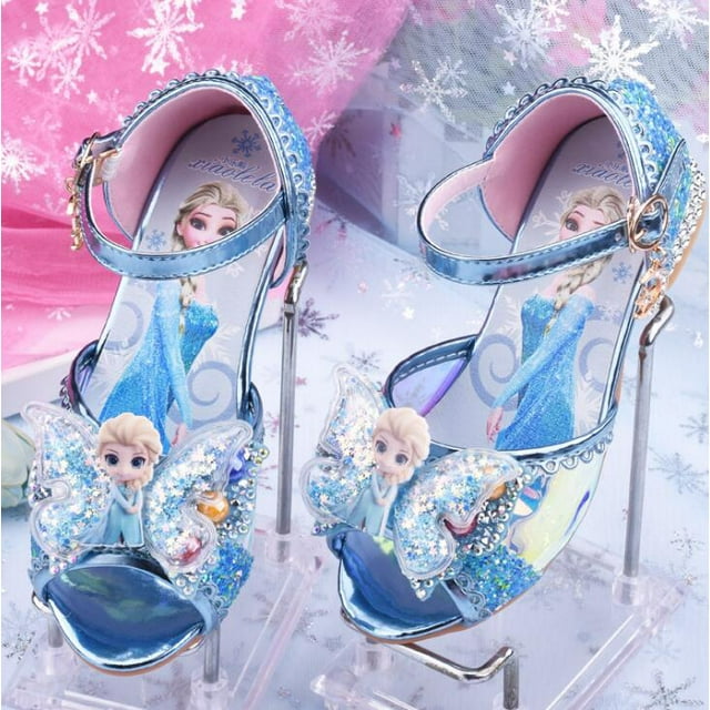 Sandalias de Disney para niñas, zapatos de princesa Elsa Frozen 2, zapatos de cristal para niñas pequeñas, zapatos de tacón alto para niños, zapatos de princesa para pasarela, plantilla de 17,9 CM Gao Jinjia LED