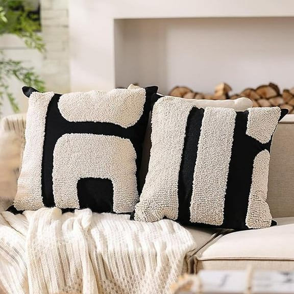 1997 2 Pcs Boho Chunky Tufted Pillow Covers 18 x 18 Inches Modern Abstract Tufted Pillow Cases Decorative Farmhouse Textured Pillowcases for Living Room Sofa(Black,White,Classic Style)