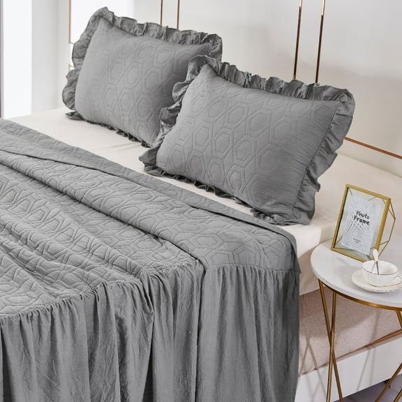 MallenHome Pinsonic Ruffle Skirt Quilt/Bedspread/Coverlet Set Gray Color Queen Size