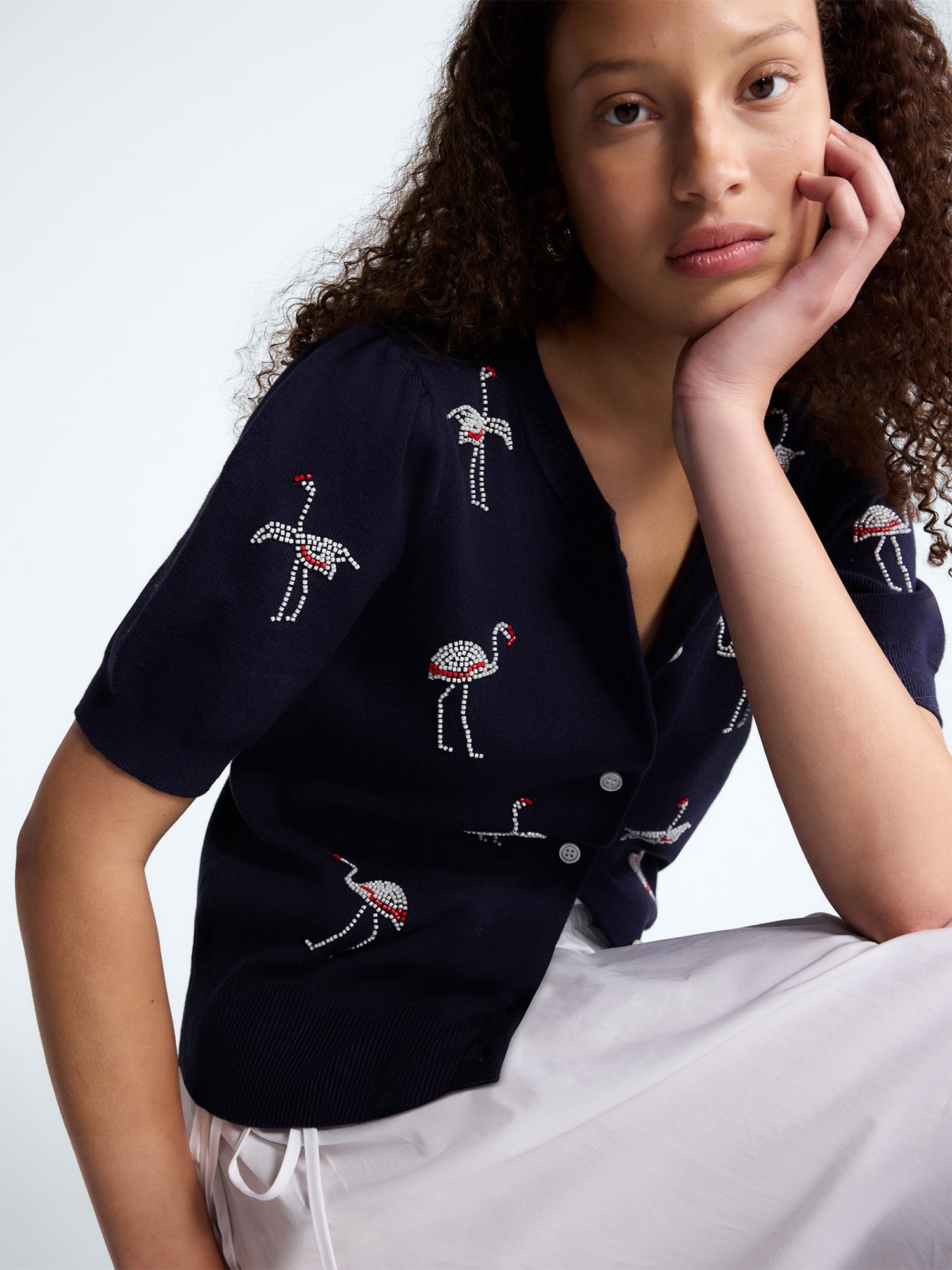Free Assembly Women's and Women's Plus Beaded Cardigan Sweater with Short Puff Sleeves, Lightweight, Sizes XS-4X