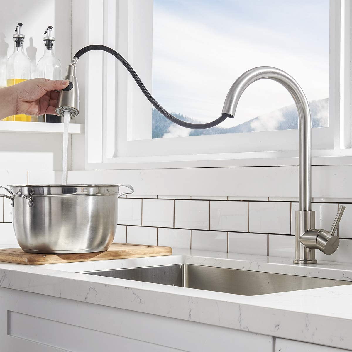 TekDeals Commercial Kitchen Sink Faucet Pull Out Sprayer Mixer Tap Brushed Nickel Single Handle