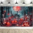 thumbnail image 2 of 10 x 8 ft Halloween Backdrop Scary Cemetery Skull Halloween Pumpkin Red Moon Grave Background Graveyard Gloomy Woods Kids Adult Halloween Party Banner Decorations Background, 2 of 4