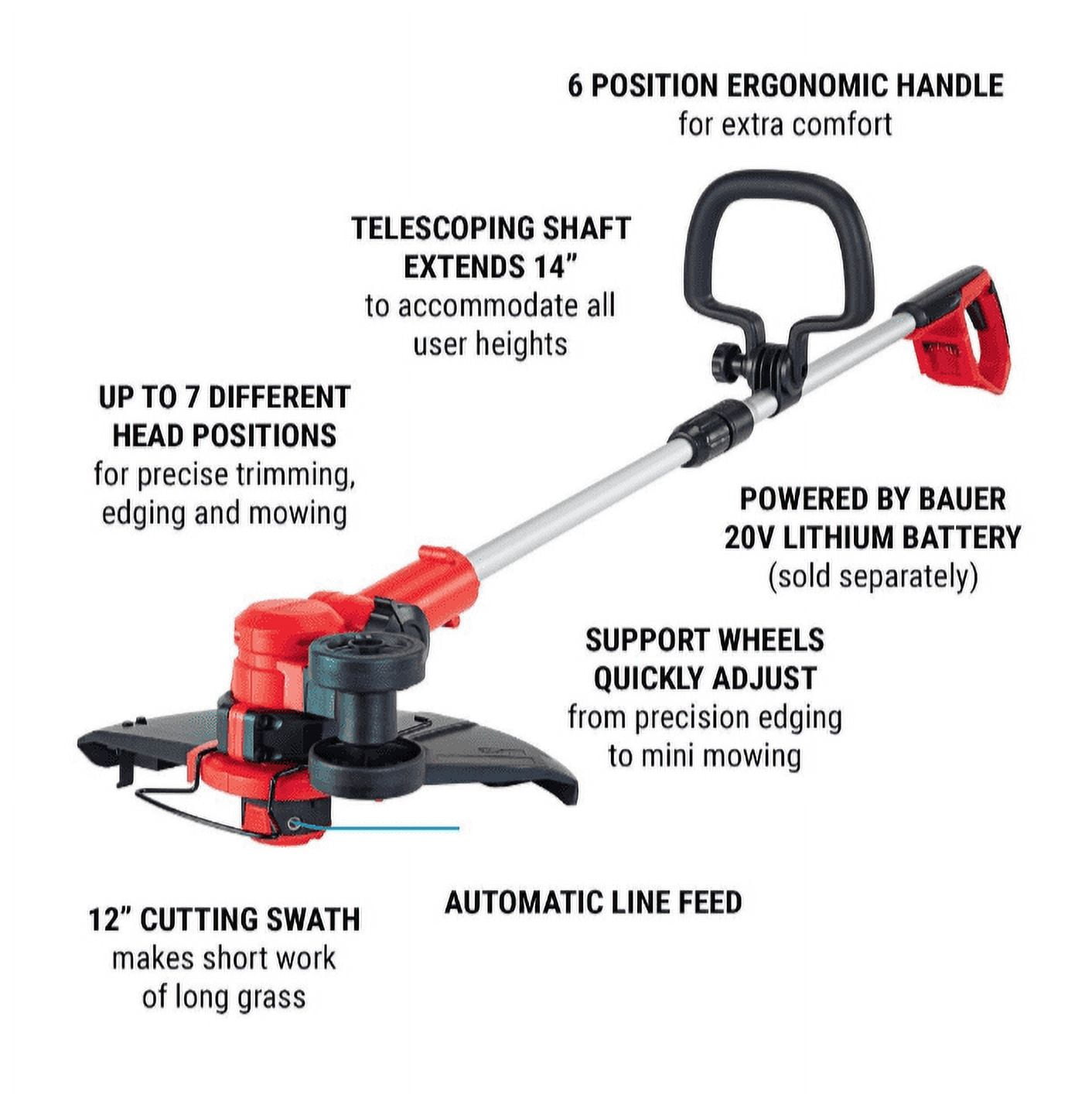 Bauer 12 inch String Trimmer 20Volt Battery Operated Garden Lawn Weed Cutter, Red – (Tool Only)