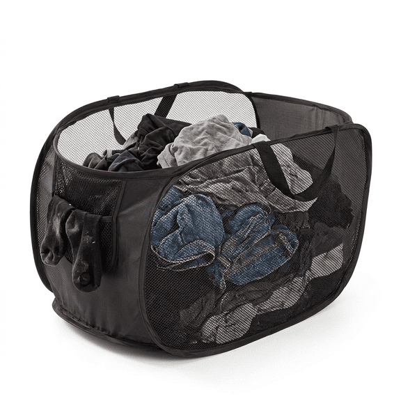ROSEXIXI Collapsible Laundry Baskets, 2 Pack Foldable Mesh Laundry Basket Organizer Breathable Pop Up Dirty Clothes Hamper With Side Pocket for Nursery Toy Storage and College Dorm Room
