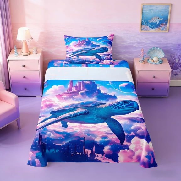 Manfei Fantasy Sea Turtle Twin Sheet Sets for Kids Boys and Girls, Magical Princess Castle Bedding 3 Pieces, 1 Flat Sheet, 1 Fitted Sheet and 1 Pillowcase
