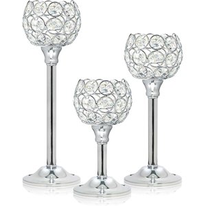 Set of 3 Silver Crystal Metal Tealight Candlestick Bling Bowl Candelabras Tall Votive Candle Holders Elegant Candle Centerpiece for Dining Table Wedding Decor