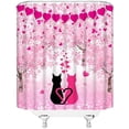 thumbnail image 3 of Valentine''s Day Shower Curtain Black Pink Cat Heart Floral Romantice Sweet Couple Hot Pink Fabric Bathroom Curtain Set with Hooks(70" WX70 H), 3 of 4