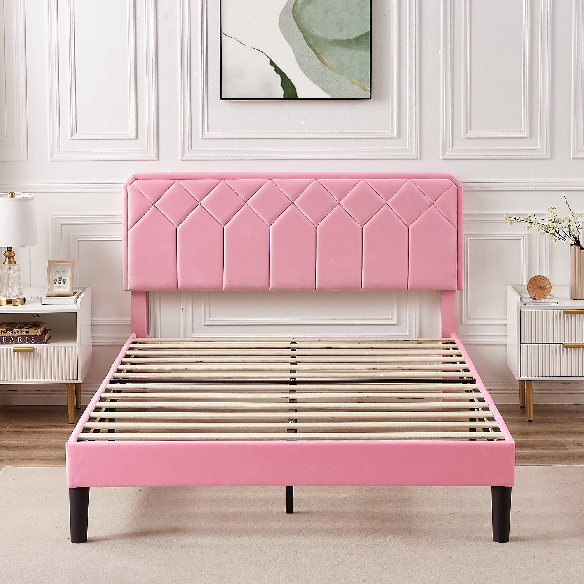Taomika, Queen Size Tufted Nailhead Upholstered Platform Bed Frame with Adjustable Headboard-Pink