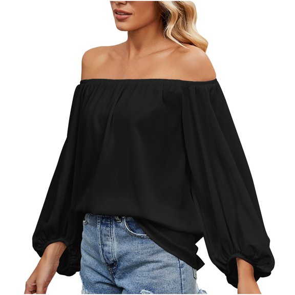 Dasayo Long Sleeve Tops for Women Off Shoulder Chiffon Black Shirts Fashion Loose Fitting Lantern T Shirts for Women L