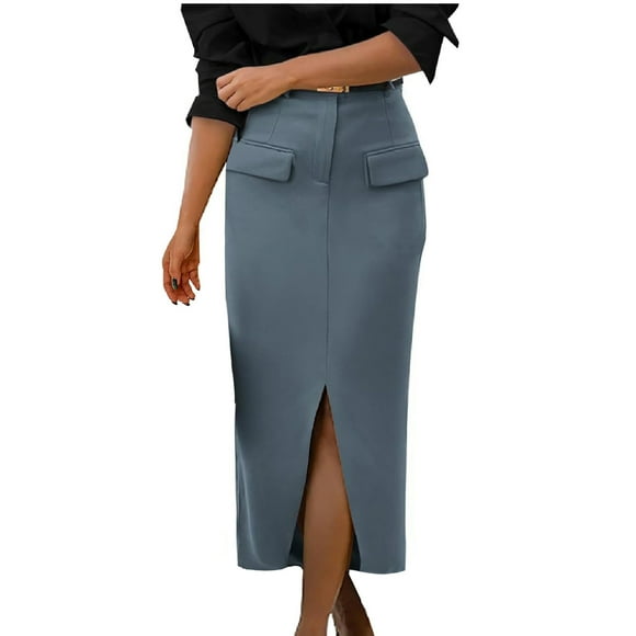 LOVZFMLL Long Skirts for Women 2025 Office Work Clothes Solid Casual Maxi Skirts with Split Formal Business Dress Blue M