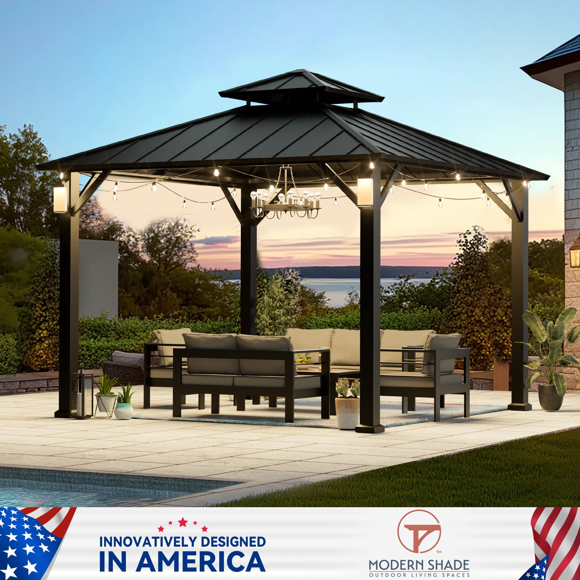 Modern Shade 10' x 10' Hardtop Metal Gazebo with Galvanized Steel Roof, LED Lights for Backyard, Deck, Garden