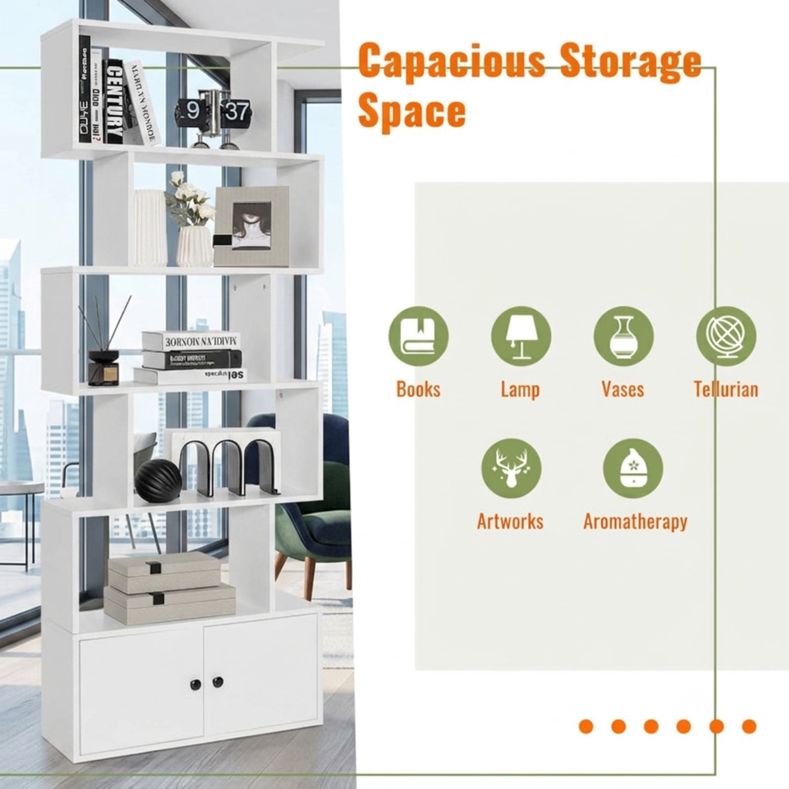 Furnibear 6-Tier S-Shaped Freestanding Bookshelf with 5 Open Shelves and Closed Cabinet Tall Wood Storage for Living Room and Office, White