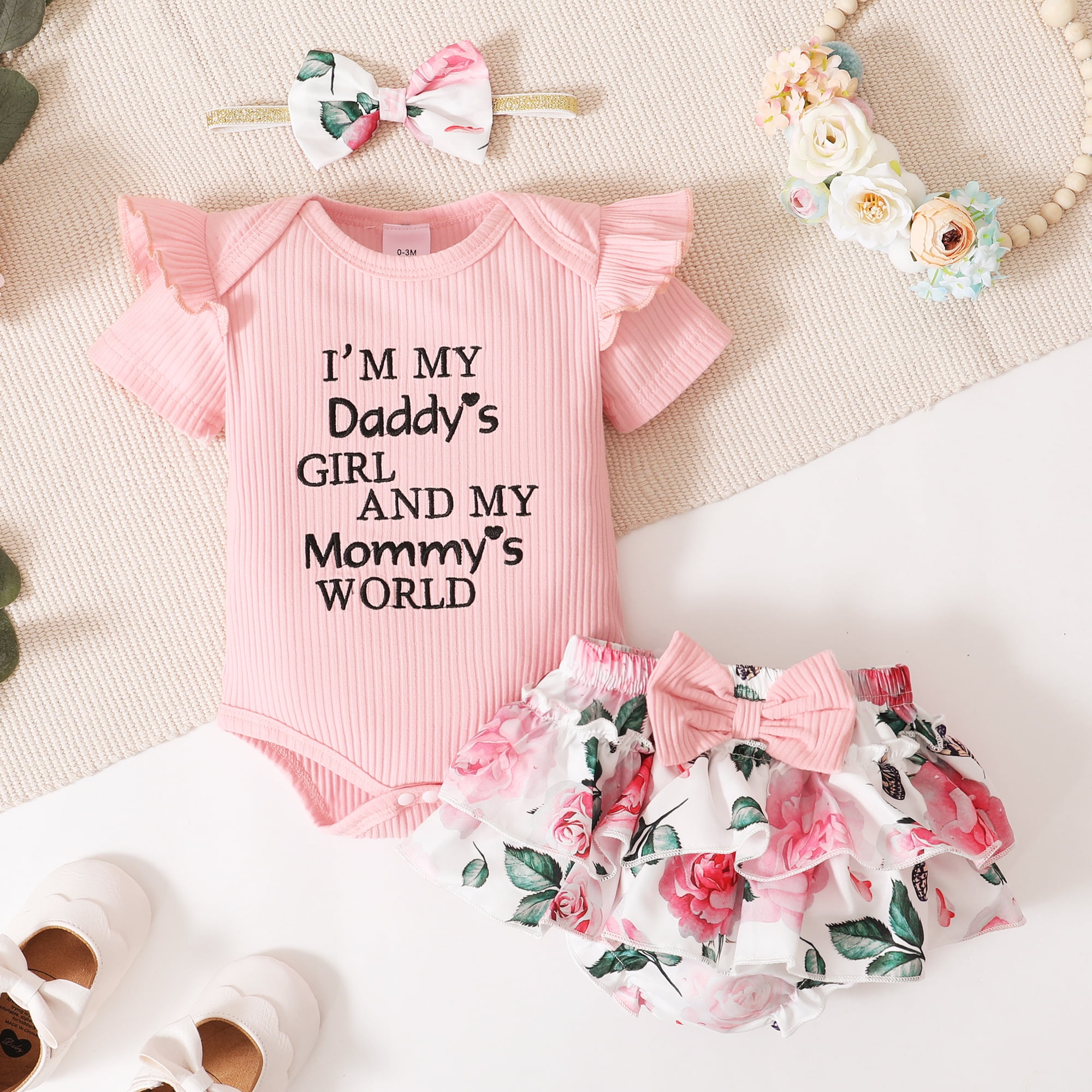 3pcs Baby Girl 95% Cotton Rib Knit Spliced Lace Flutter-sleeve Letter Print Romper and Allover Donut Print Ruffle Shorts with Headband Set
