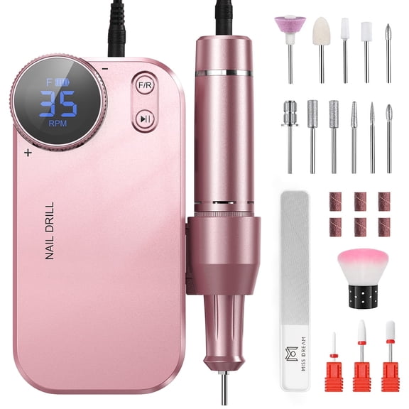 M MISS DREAM Rechargeable 35000 RPM Cordless 13-Piece Nail Drill with 12 Bits and Nano Glass File, Pink
