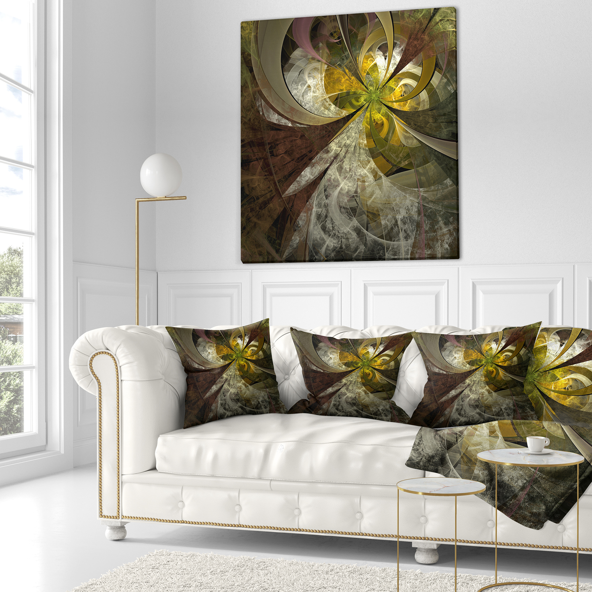 Designart Symmetrical Gold White Fractal Flower - Floral Throw Pillow - 16x16