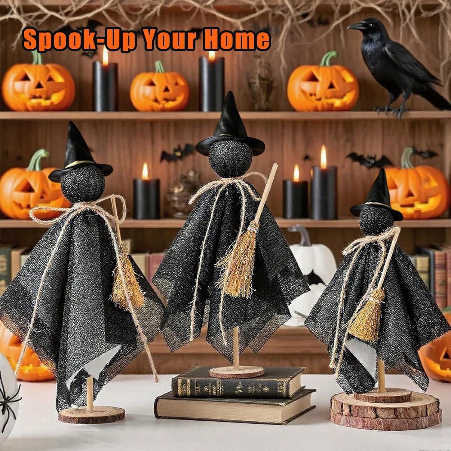 Primitive Halloween Ghost Set with Wizard Hats on Wooden Stands for Rustic Home Decor