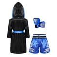 thumbnail image 2 of TiaoBug Kids Boys 3Pcs Boxing Satin Hooded Boxing Robes with Boxer Shorts Punching Sparring Gloves Set Black&Blue 10, 2 of 7