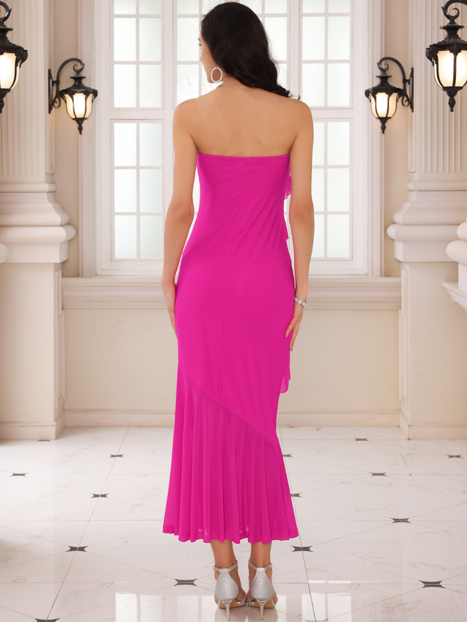 DARING DIVA Strapless Bodycon Ruffle Maxi Cocktail Wedding Dress S Hot Pink