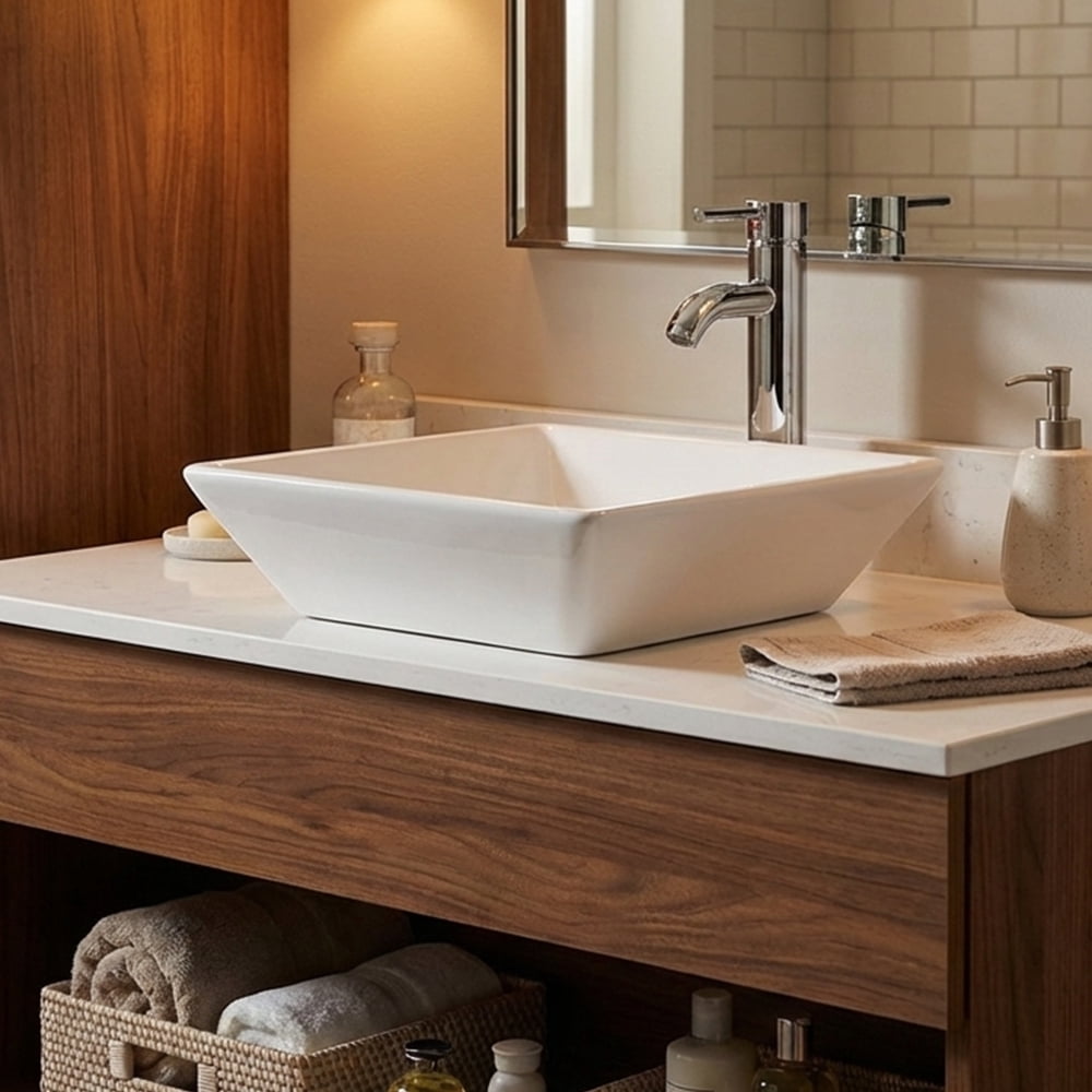 16x16 Inch Square Ceramic Vessel Sink with Faucet and Pop-Up Drain, White Porcelain Bathroom Vanity Sink and Countertop Basin Set