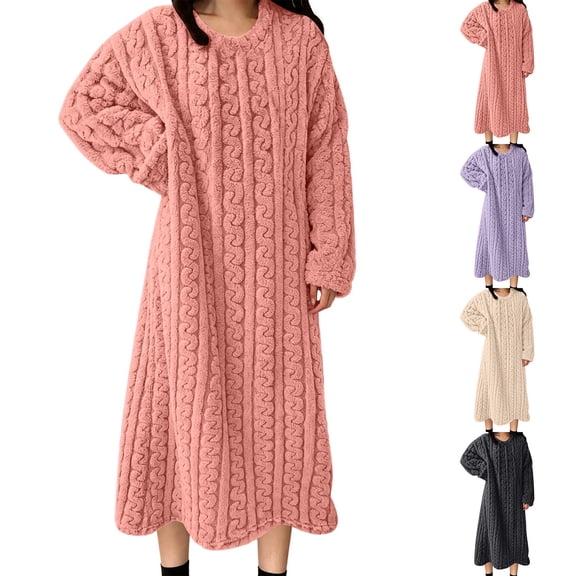 Stamzod Winter Sleep Shirts for Women Warm Fleece Long Sleeve Nightgown Loungewear Crewneck Loose Night Dress S
