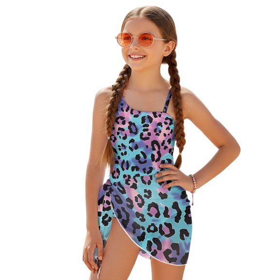 Tutolipy Pastel Leopard Print Quick Dry Girls Swimsuit, Polyester Material Removable Bra Girls One Piece Swimsuit with Cover Up for Vacation 11-12 Years Old
