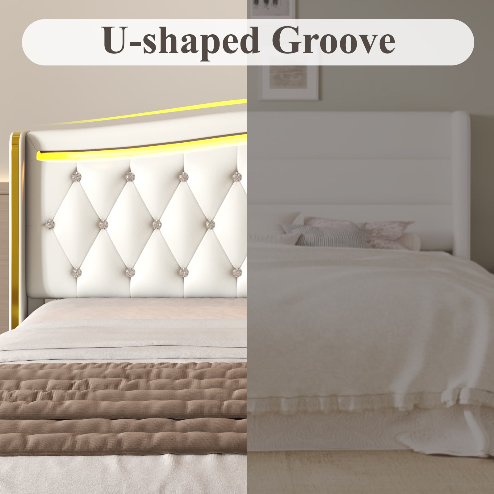 E-Motie Full Bed Frame with LED Lights & Charging Station, PU Leather Wingback Upholstered Platform Bed with 4 Storage Drawers, White