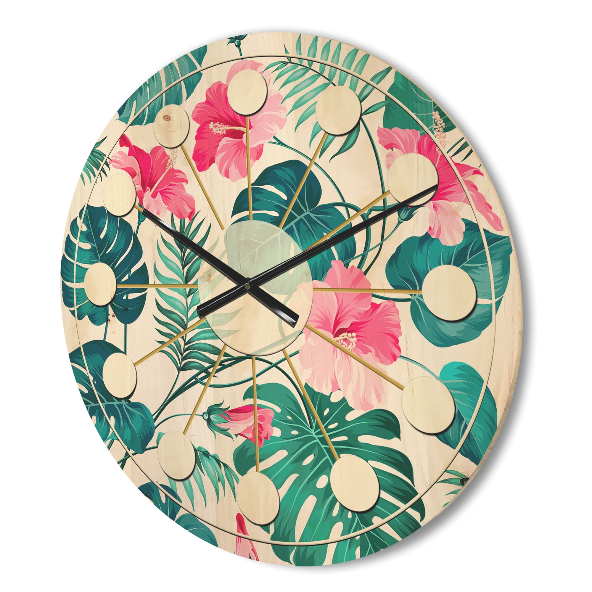 Designart 'Flowers and Tropical Botanicals I' Mid-Century Modern Wood Wall Clock