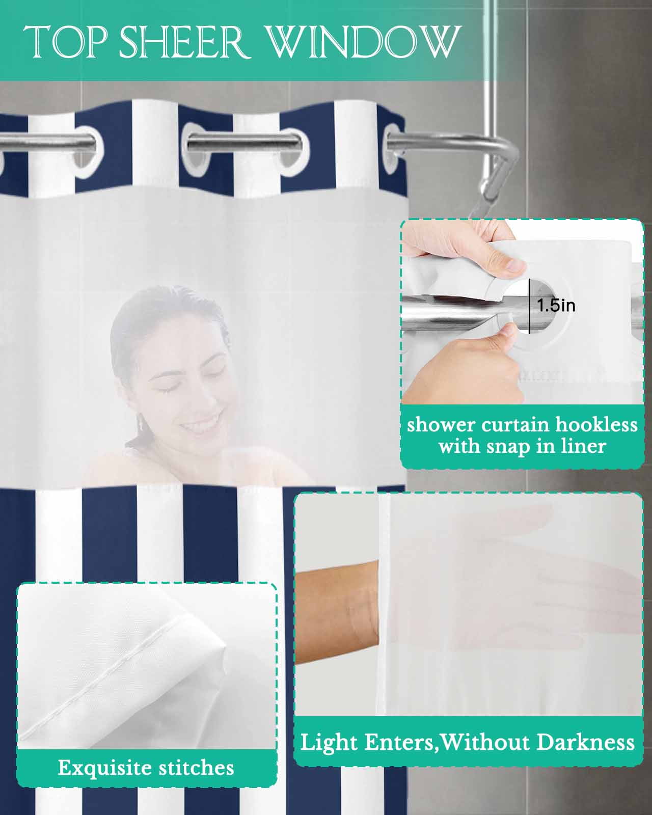 No Hook Shower Curtain with Snap in Liner, Navy Blue and White Striped Geometric Hotel Shower Curtains for Bathroom, Washable Shower Curtain Liner Set with Mesh Top Window, 72"x96"
